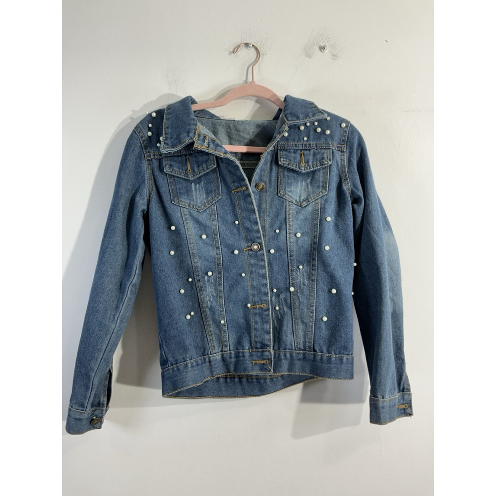 Womans Hengsheng Jeans Medium Button Up Pearl Denim Blue Jean Jacket